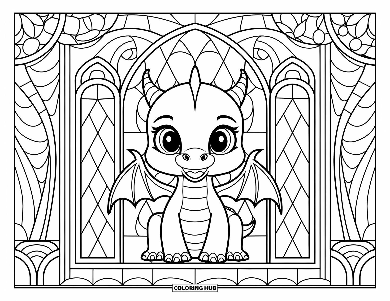 Disegno da colorare per adulti: Un draghetto siede pacificamente in una finestra ad arco con motivi in stile vetrata