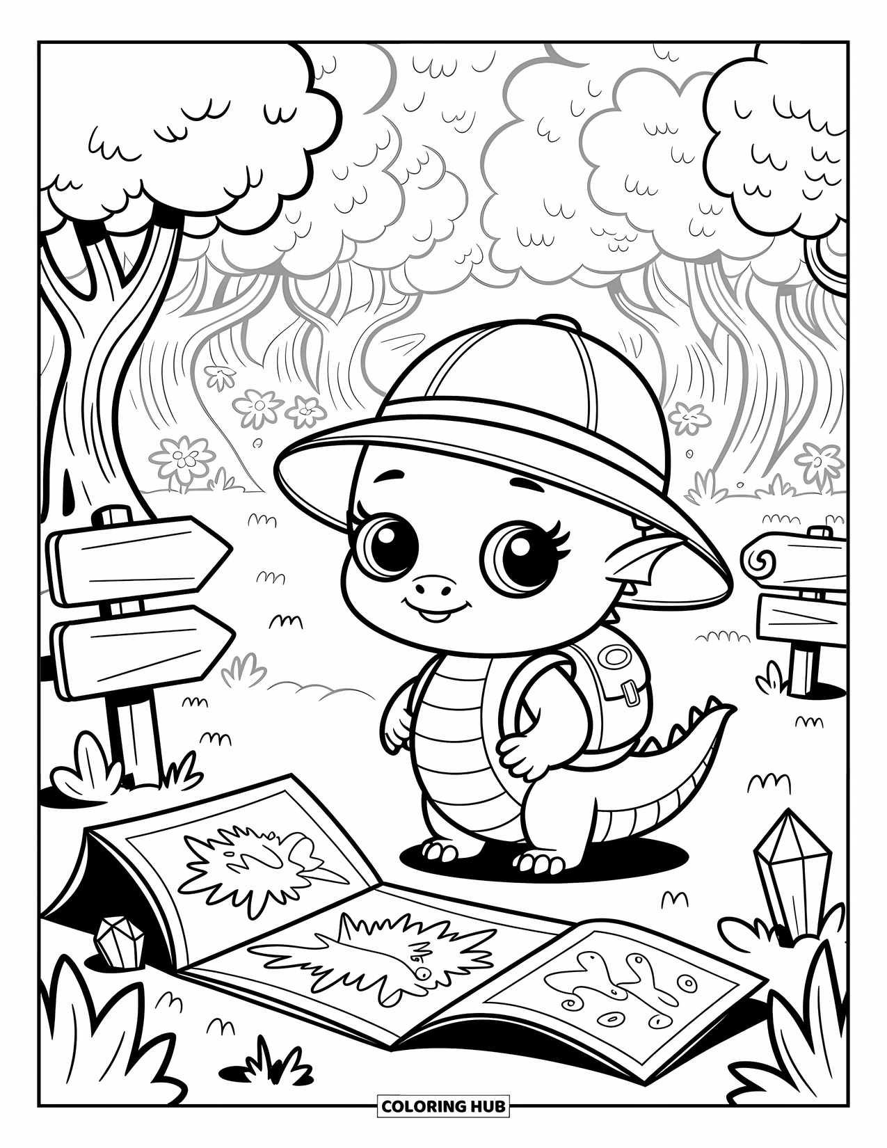 Disegno di un cucciolo di drago da colorare per adulti: Un cucciolo di drago con uno zaino cerca un tesoro in una foresta piena di cartelli