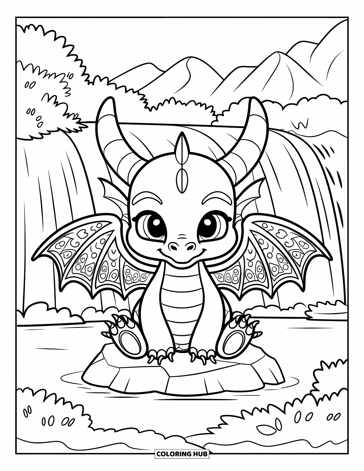 Disegno da colorare per adulti: Un drago calmo con ali luminose siede su una roccia vicino a una cascata tranquilla