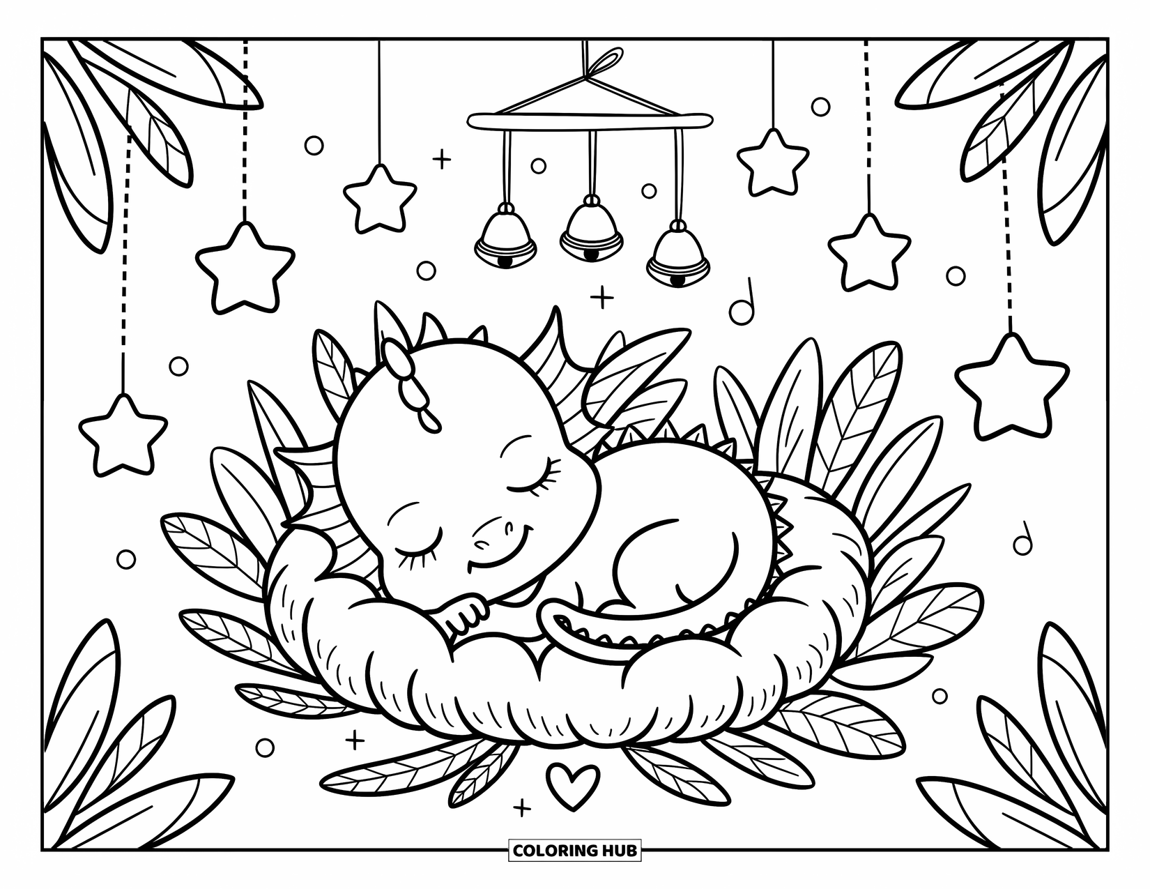 Disegno di un cucciolo di drago da colorare per adulti: Un drago coccolone riposa in un morbido nido circondato da stelle e piccoli ninnoli dolci