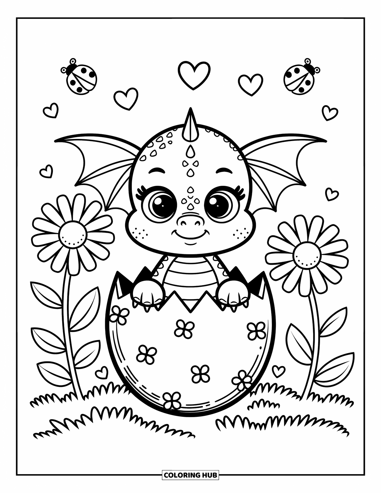 Disegno di un cucciolo di drago da colorare per adulti: Un drago curioso sbircia da un uovo incrinato in un campo di fiori e coccinelle