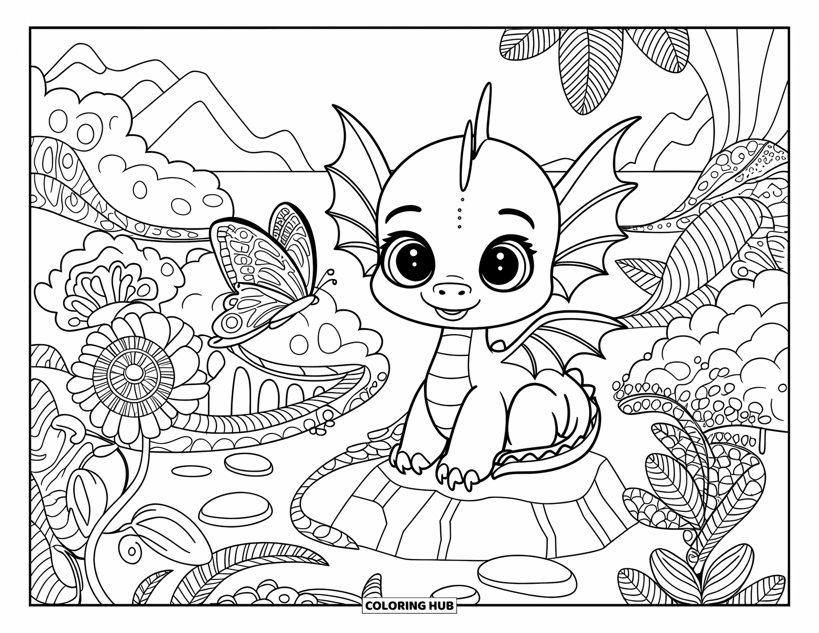 Disegno da colorare per adulti: Un drago curioso osserva una farfalla in un incantevole giardino pieno di fiori e pietre