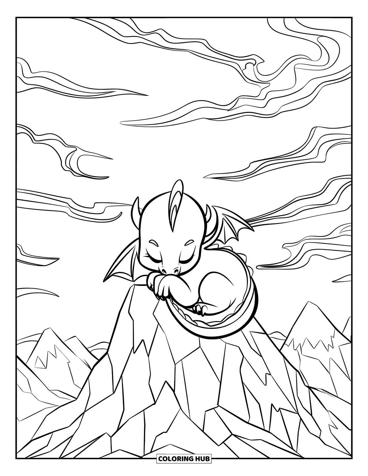 Disegno da colorare per adulti: Un drago raggomitolato dorme pacificamente su una montagna sotto nuvole decorate