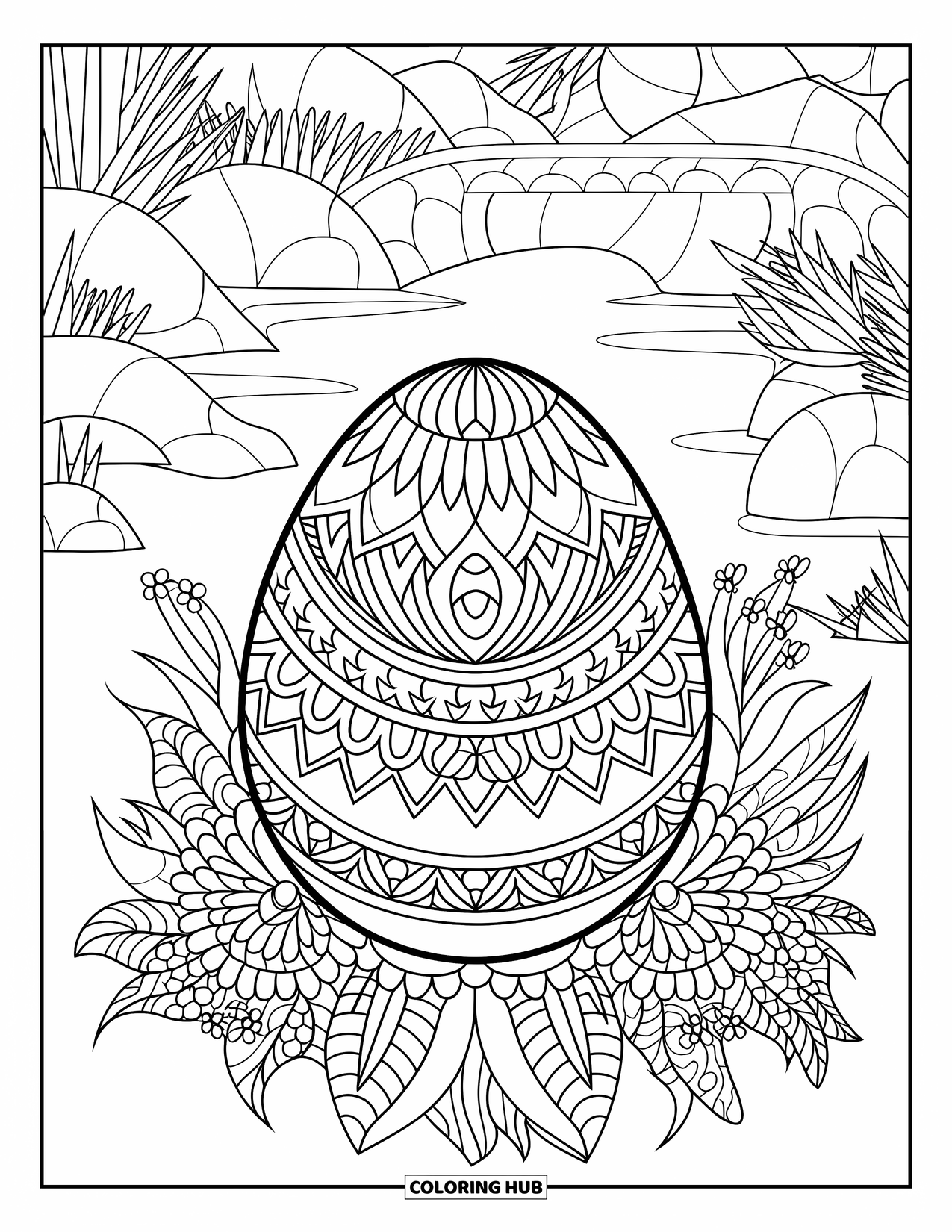 Disegno da colorare per adulti: Un uovo mandala decorato riposa tra i fiori vicino a un fiume tranquillo e un ponte