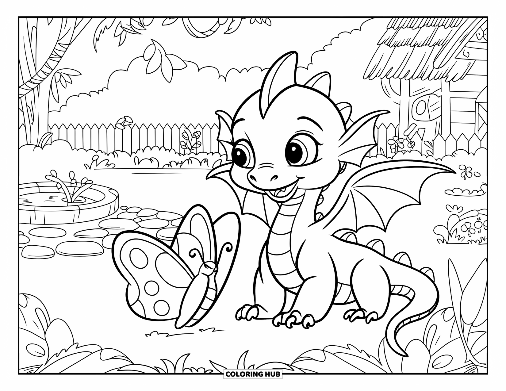 Disegno da colorare per adulti: Un drago e una farfalla condividono un momento in un giardino accogliente con un cottage nelle vicinanze