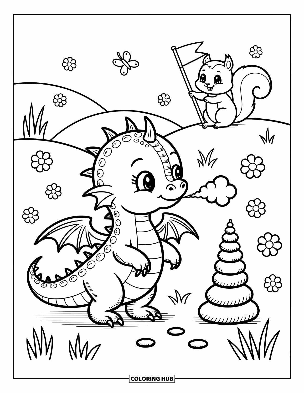 Disegno di un cucciolo di drago da colorare per adulti: Un drago soffia minuscole nuvole di fumo sui ciottoli mentre le farfalle svolazzano intorno