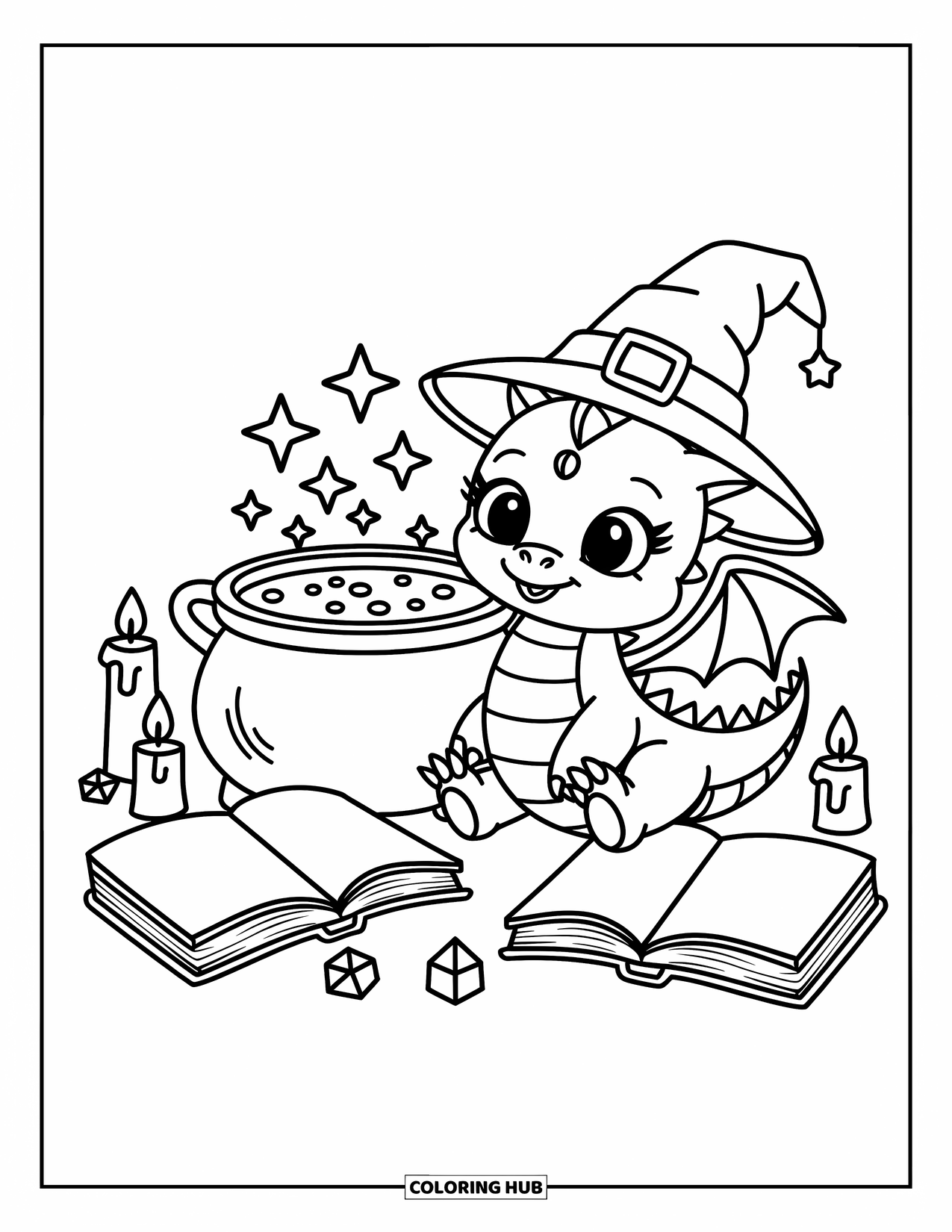 Disegno da colorare per adulti: Un drago prepara una magia scintillante accanto a libri aperti e piccole candele amichevoli