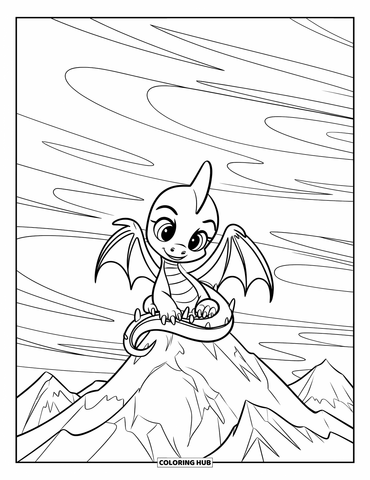 Disegno da colorare per adulti: Un drago si raggomitola sulla cima di una montagna sotto un cielo vorticoso