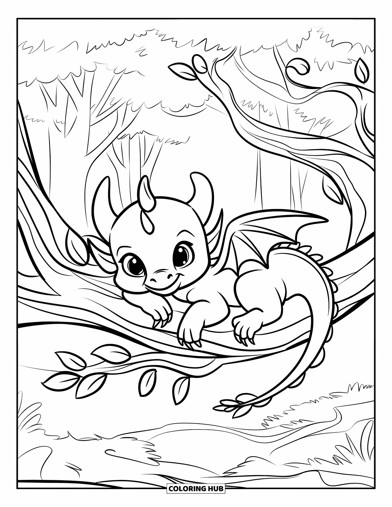 Disegno da colorare per adulti: Un drago si rilassa su un ramo della foresta avvolto in foglie vorticose e linee morbide degli alberi