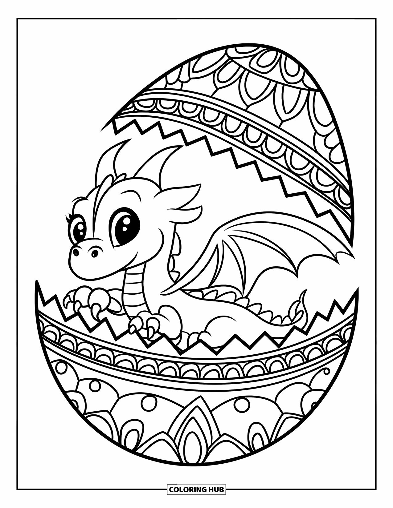 Disegno da colorare per adulti: Un drago dorme raggomitolato all'interno di un uovo mandala con intricati motivi vorticosi