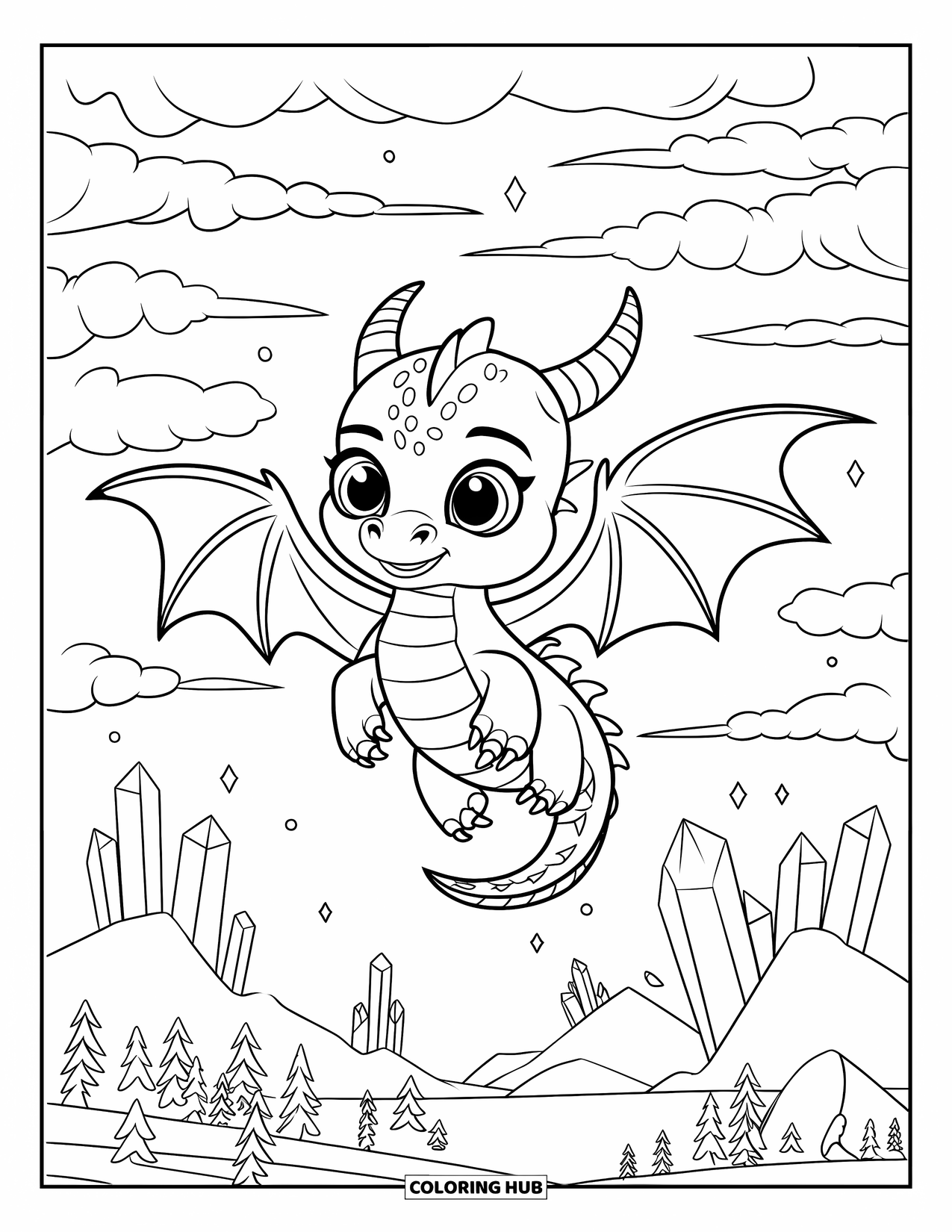 Disegno da colorare per adulti: Un drago vola attraverso nuvole piene di cristalli sopra un pacifico villaggio e un paesaggio montano