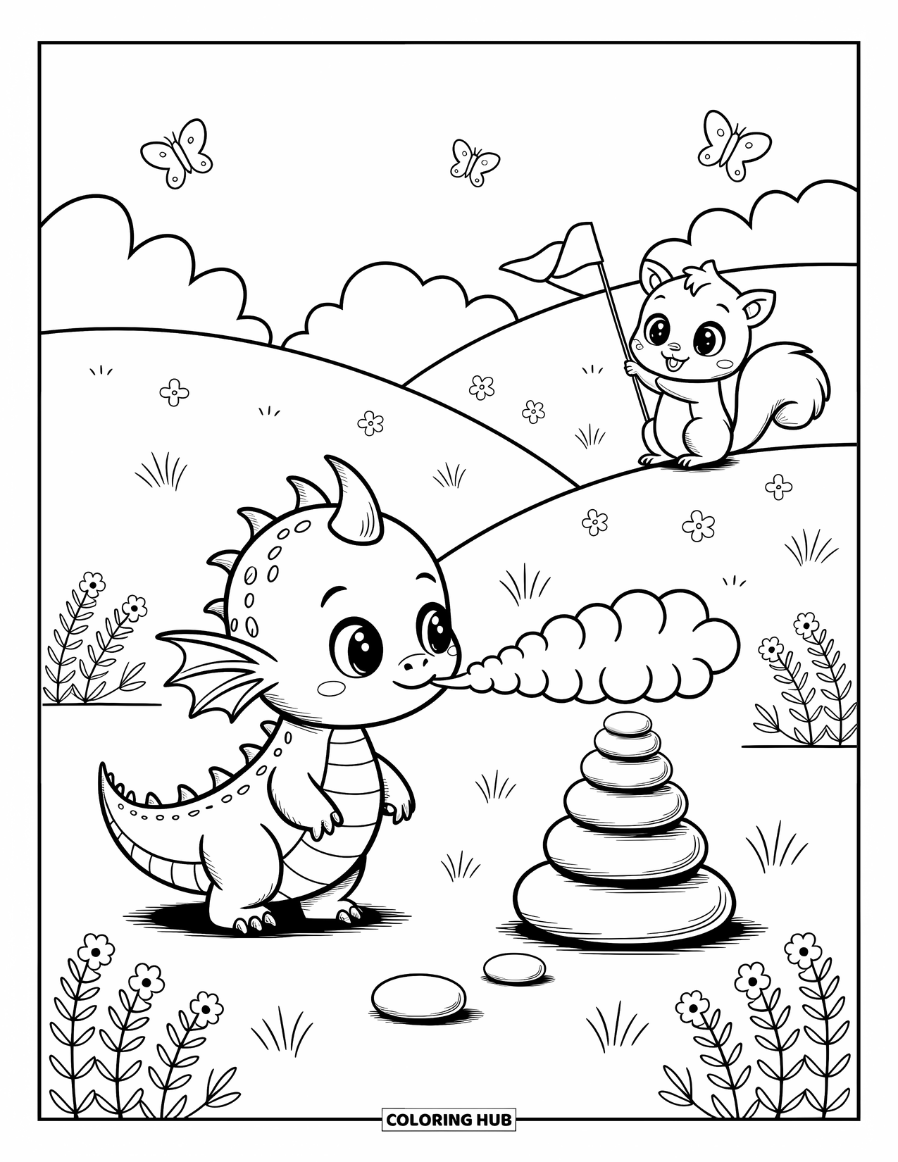 Disegno da colorare per adulti: Un drago cerca di sputare fuoco a dei sassolini mentre uno scoiattolo lo incoraggia nelle vicinanze