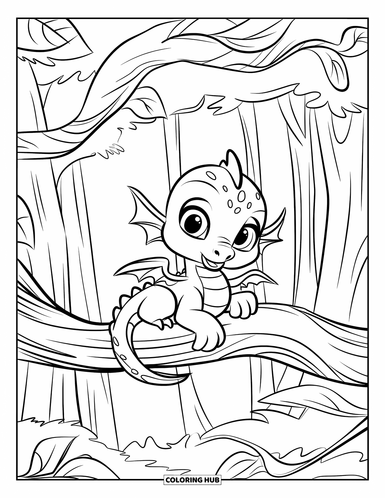 Disegno da colorare per adulti: Un drago con grandi occhi riposa su un ramo nodoso con foglie vorticose