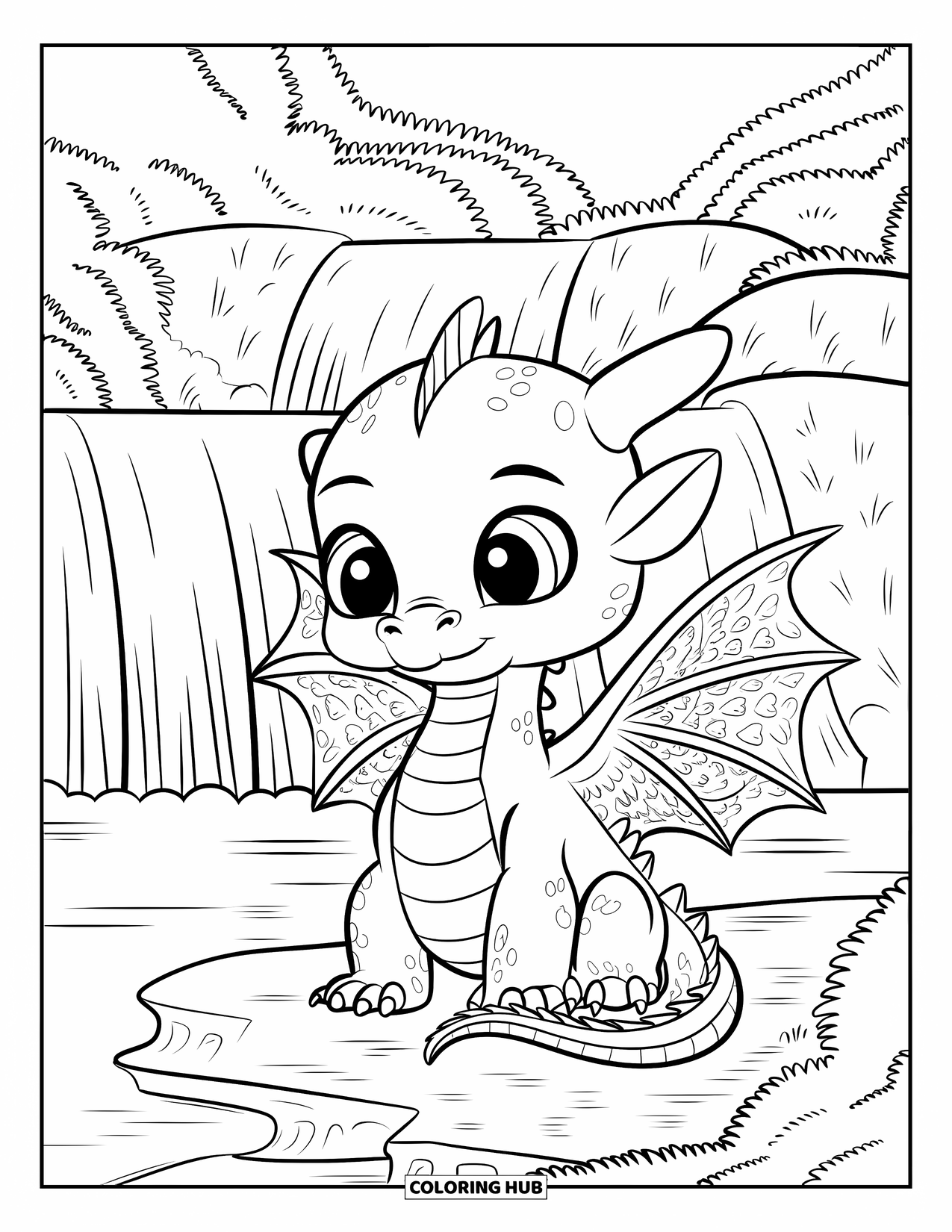 Disegno da colorare per adulti: Un drago con ali decorate medita accanto a una cascata che sfocia in una pozza calma