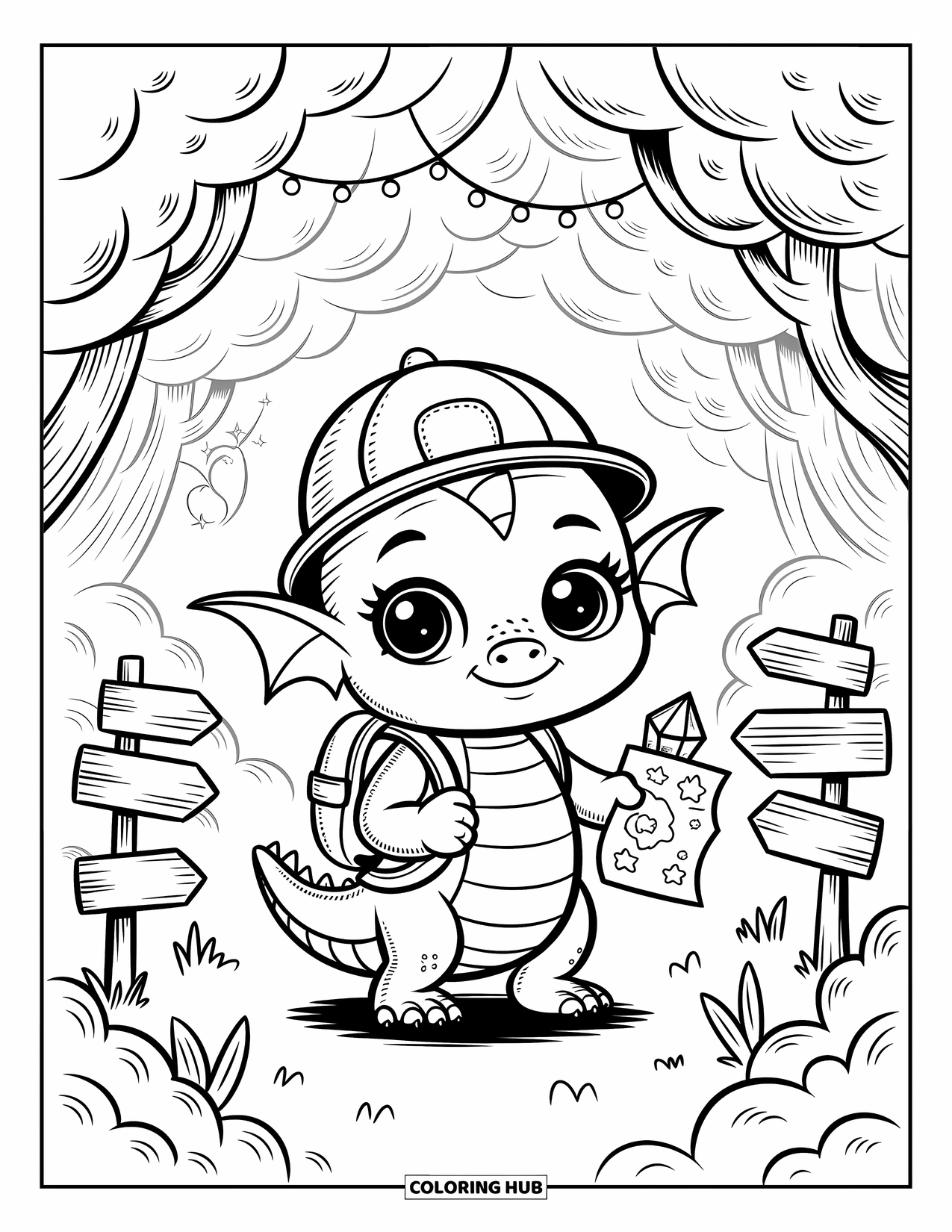 Disegno da colorare per adulti: Un drago esploratore tiene in mano una mappa in una foresta luminosa con cartelli tutt'intorno