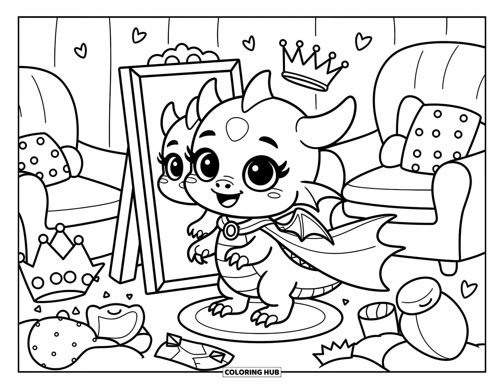 Disegno da colorare per adulti: Un piccolo drago indossa un mantello e una corona, circondato da pezzi di costume sparsi