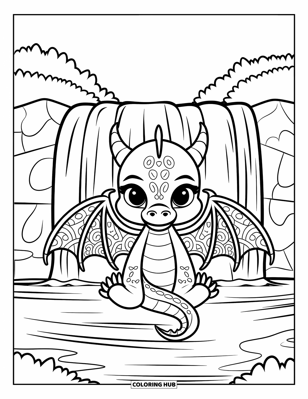 Disegno da colorare per adulti: Un drago che medita con ali decorate siede accanto a una cascata e a delle rocce tranquille