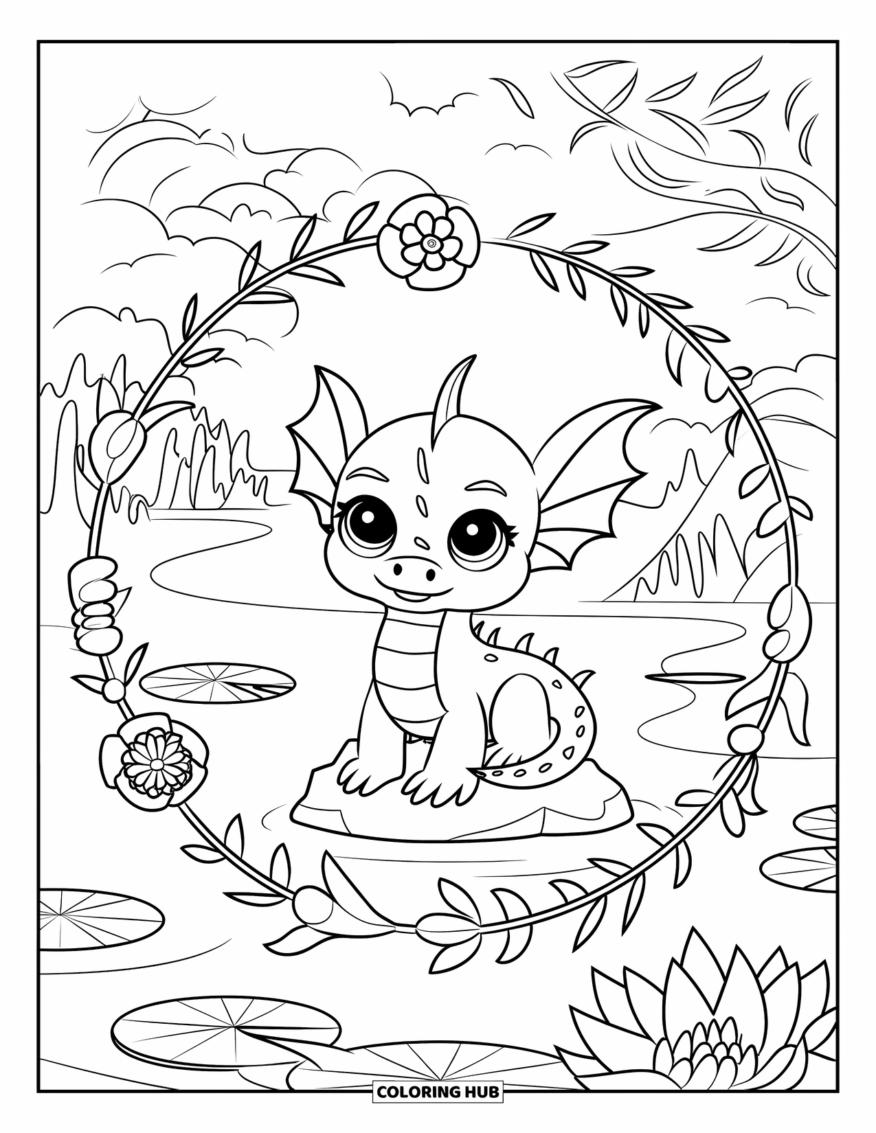 Disegno da colorare per adulti: Un drago pacifico siede vicino a un lago con ninfee e fiori di loto tutt'intorno