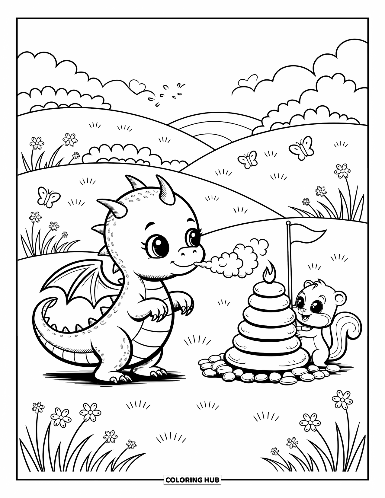 Disegno da colorare per adulti: Un draghetto giocherellone si esercita a sputare fuoco in un prato con uno scoiattolo che lo rinfresca