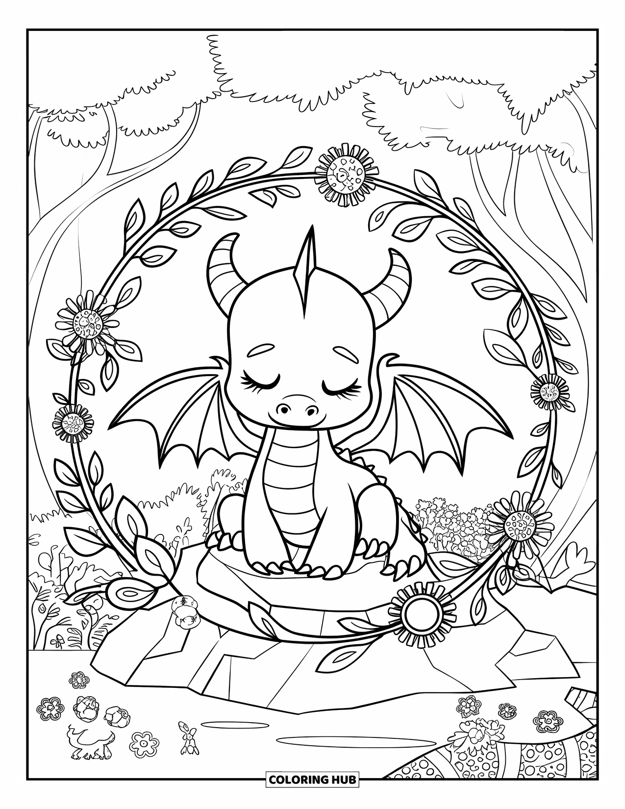 Disegno da colorare per adulti: Un drago rilassato siede tra fiori e viti vicino a una foresta accogliente con animali
