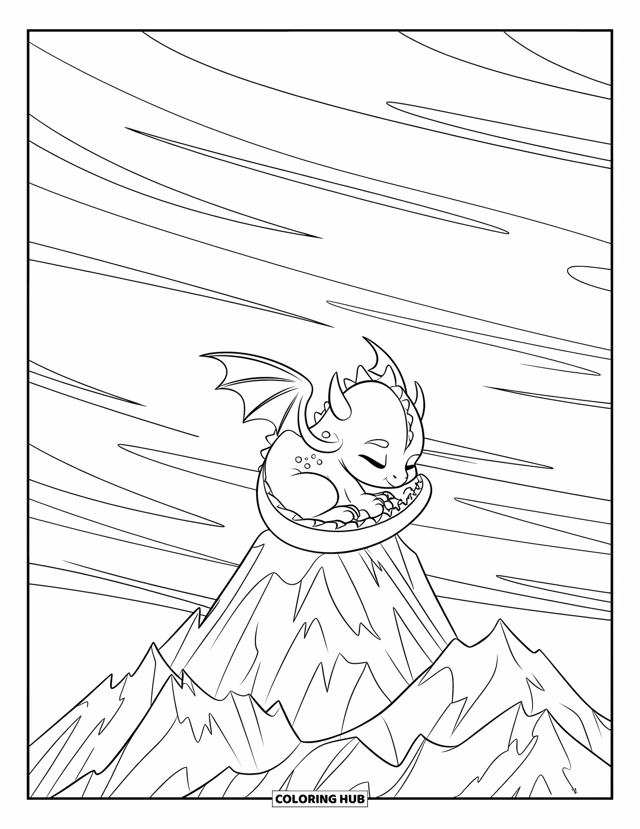 Disegno da colorare per adulti: Un drago a riposo fa un pisolino su una montagna frastagliata con nuvole vorticose sopra