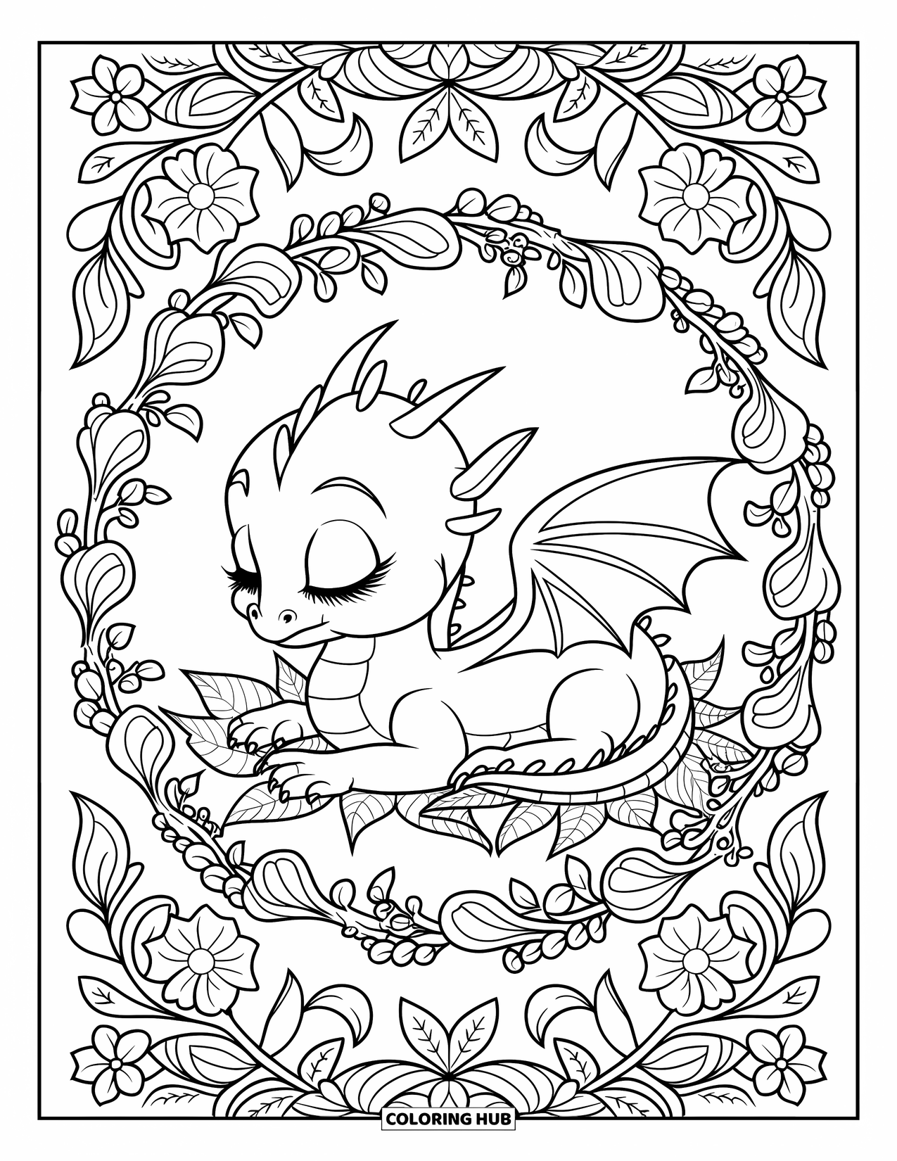 Disegno da colorare per adulti: Un drago addormentato riposa tra motivi floreali e di viti vorticose in un ambiente tranquillo