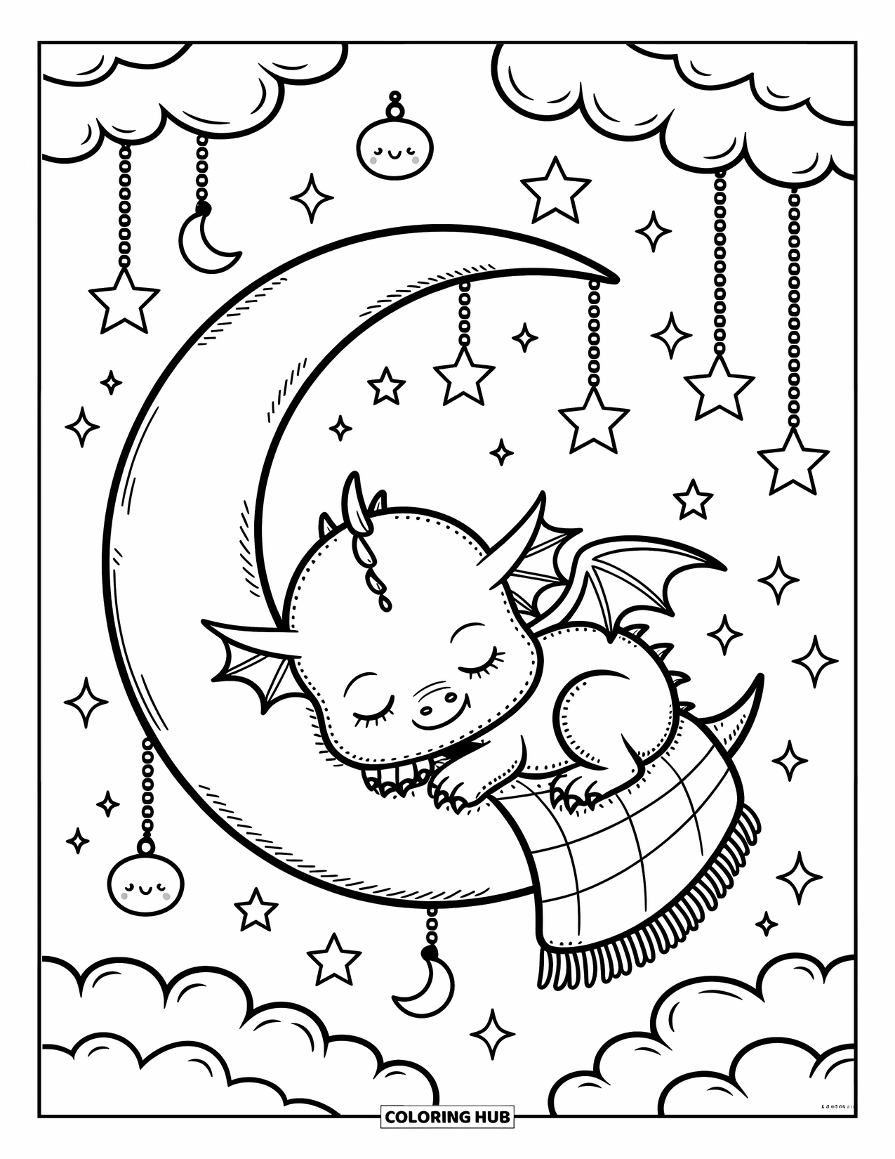 Disegno da colorare per adulti: Un drago assonnato si raggomitola su una luna crescente avvolto in una minuscola coperta