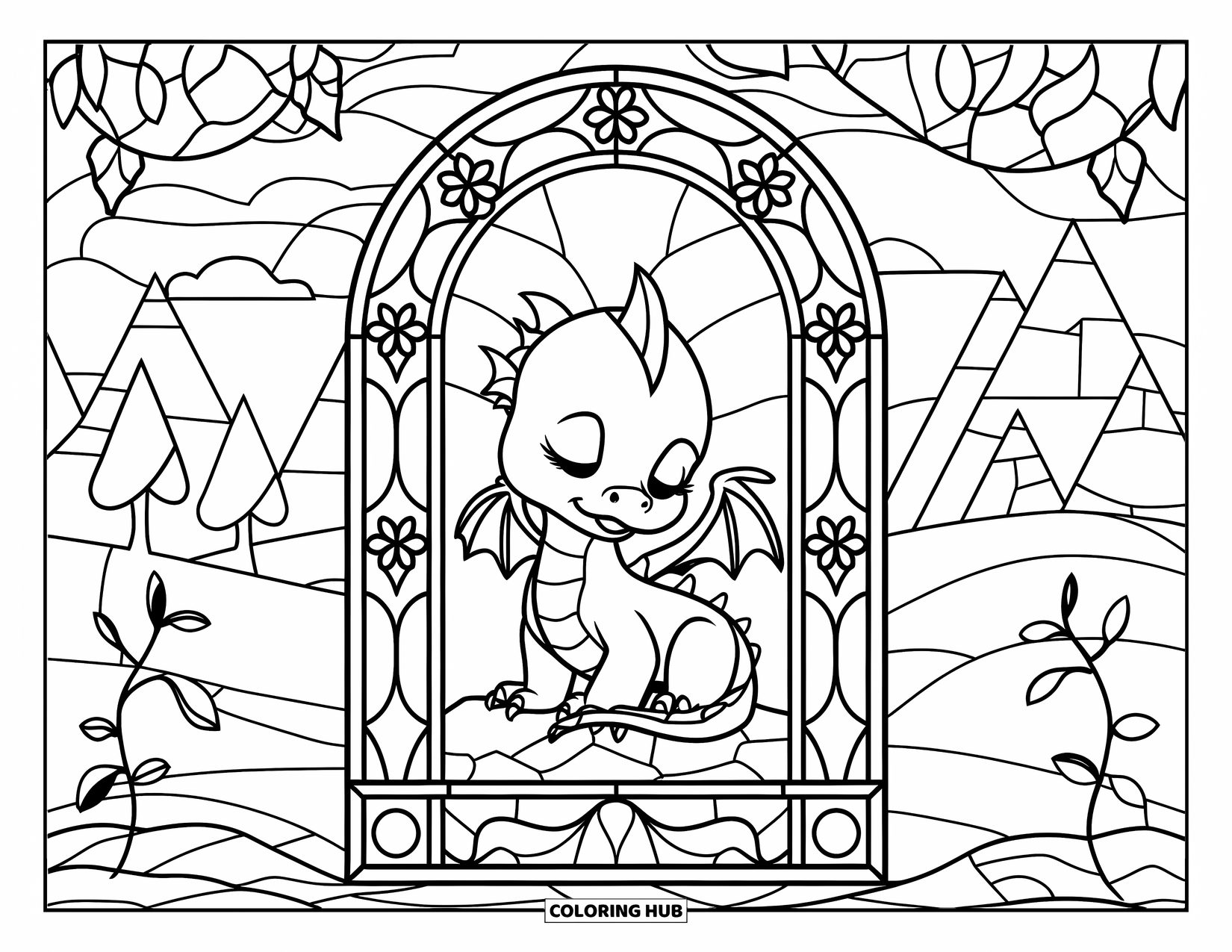 Disegno da colorare per adulti: Un drago assonnato su una roccia è incorniciato da viti e motivi di vetrate