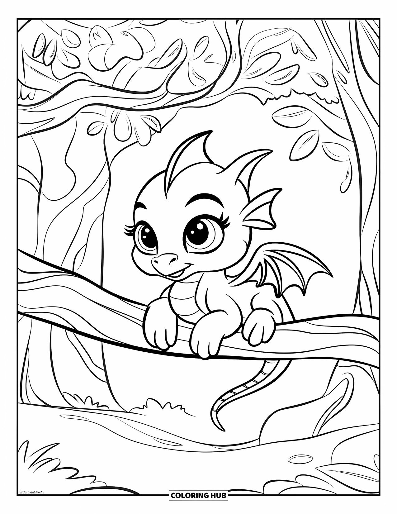 Disegno da colorare per adulti: Un piccolo drago si appollaia su un ramo frondoso circondato da alberi e foglie contorti