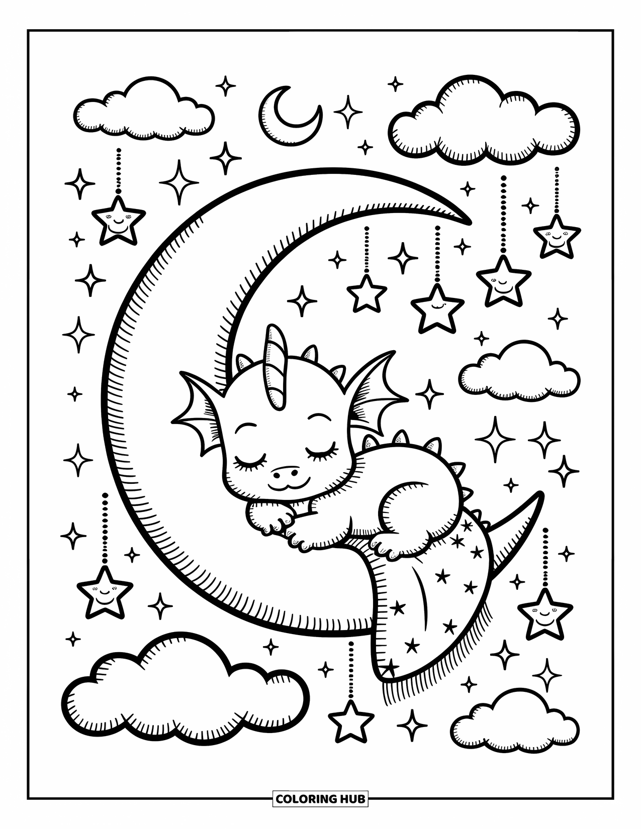 Disegno di un cucciolo di drago da colorare per adulti: Un drago coccoloso riposa su una luna crescente circondata da nuvole sognanti e scintille