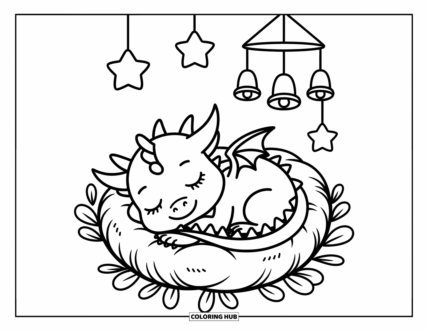 Disegno da colorare per adulti: Un minuscolo drago fa un pisolino tranquillo in un nido accogliente con una giostrina musicale sopra la testa