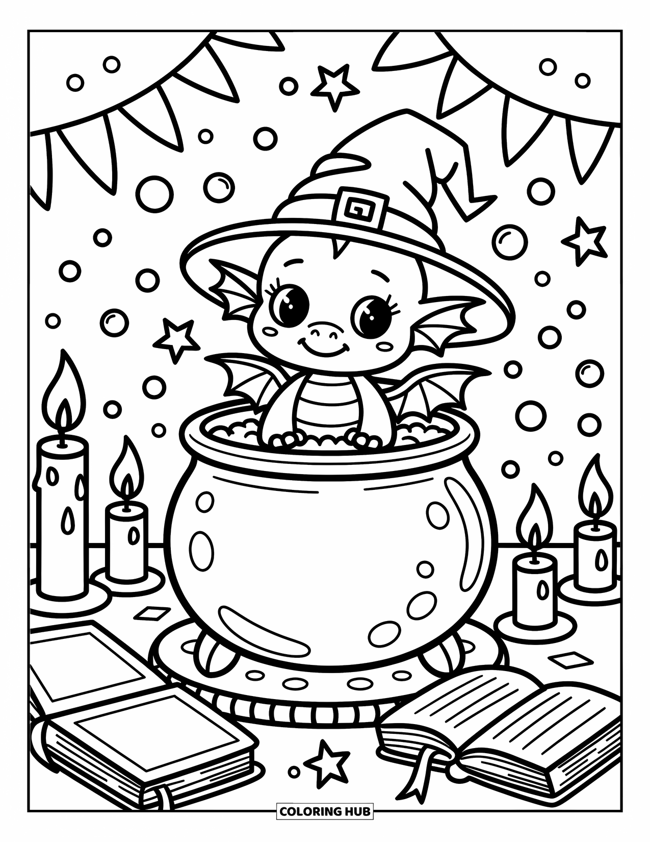 Disegno di un cucciolo di drago da colorare per adulti: Un minuscolo drago mago mescola un calderone mentre stelle e bolle fluttuano intorno