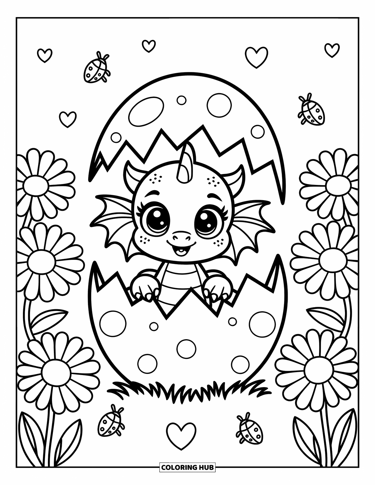 Disegno di un cucciolo di drago da colorare per adulti: Un drago con gli occhi spalancati esce da un uovo in un prato pieno di simpatici insetti