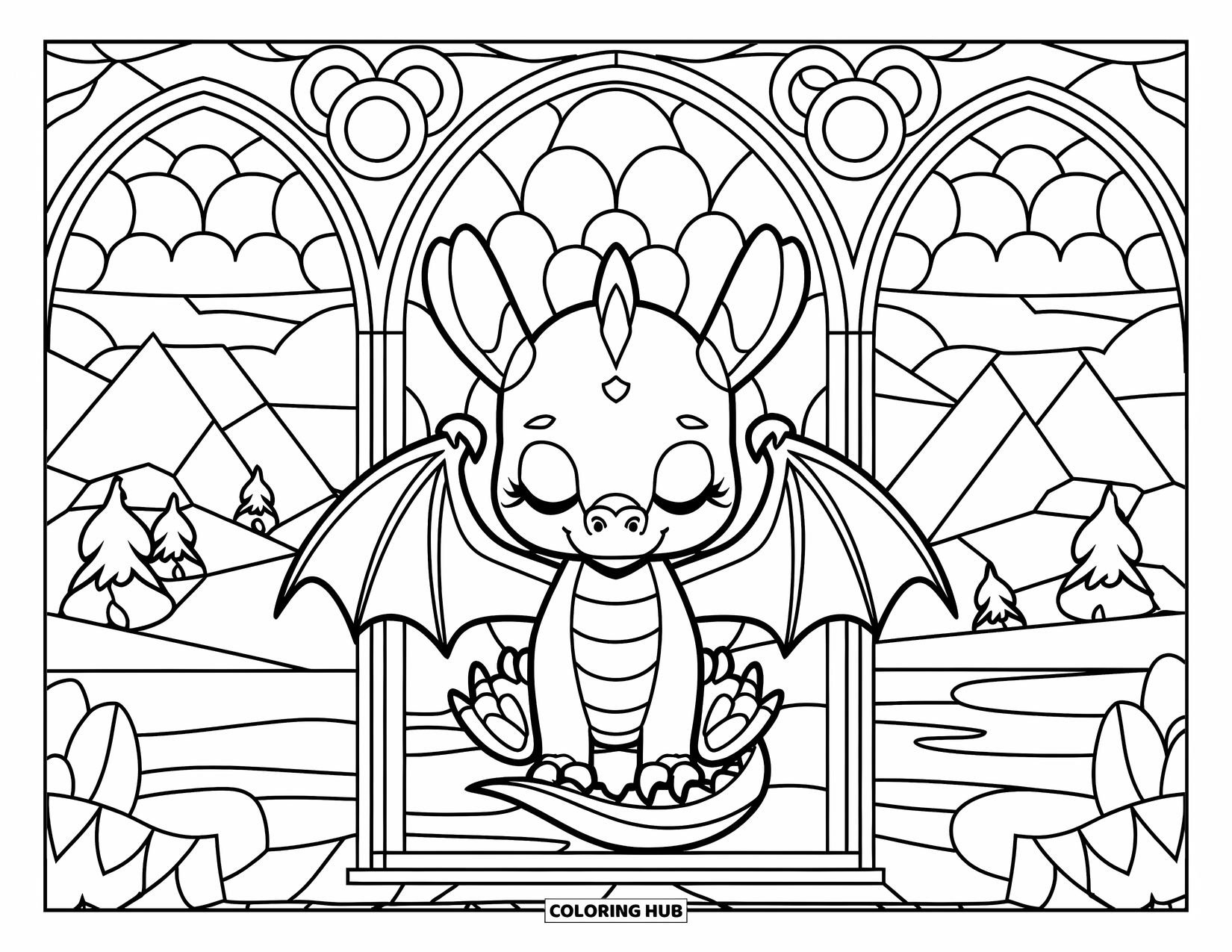 Disegno da colorare per adulti: Con le ali aperte, il drago riposa pacificamente in una finestra con vorticose vetrate