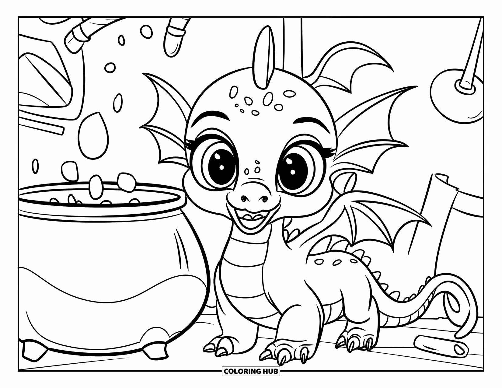 Disegno di un cucciolo di drago da colorare per bambini: Un cucciolo di drago sorride vicino a un calderone gorgogliante e oggetti magici fluttuanti