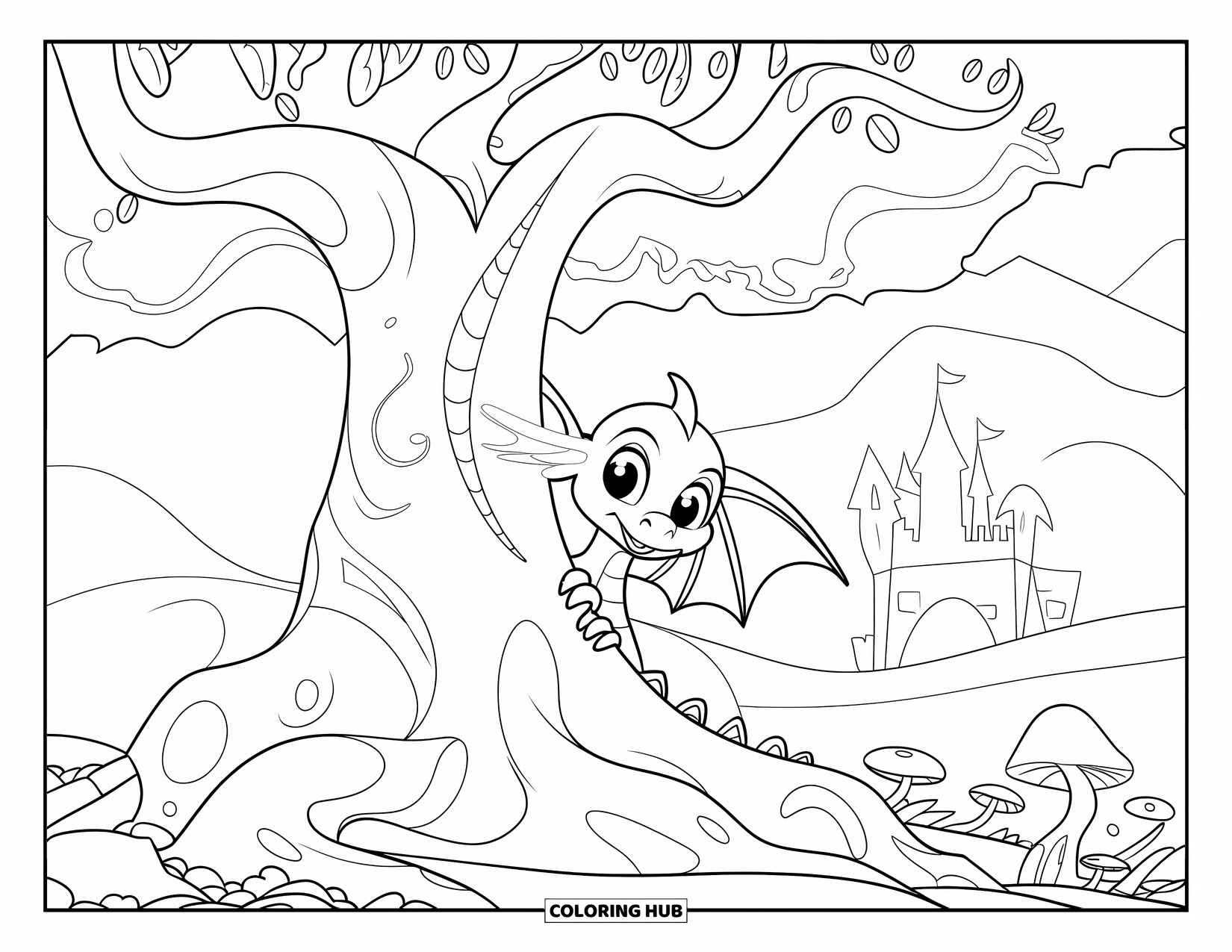 Disegno di un cucciolo di drago da colorare per bambini: Un cucciolo di drago sbircia da dietro un albero luminoso con funghi nelle vicinanze