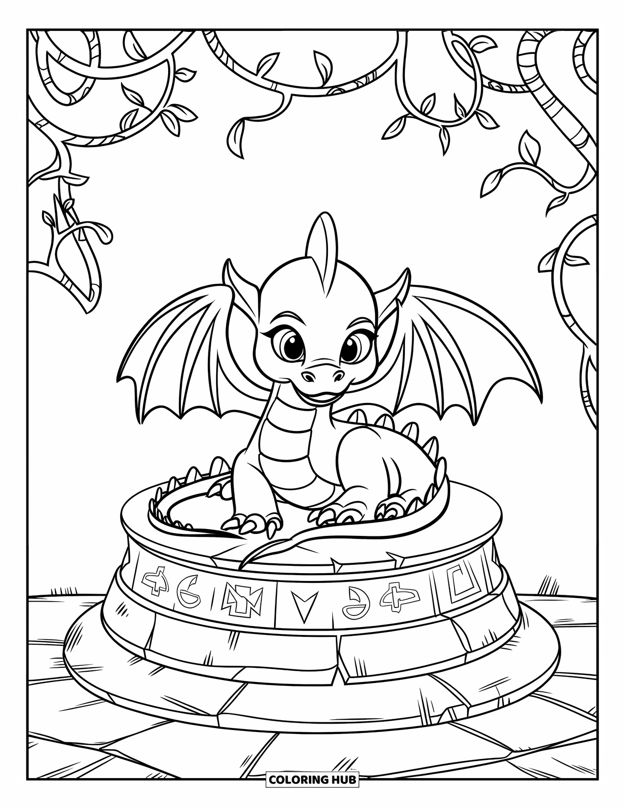 Disegno di un cucciolo di drago da colorare per bambini: Un drago calmo si raggomitola su un piedistallo avvolto in rune e viti luminose