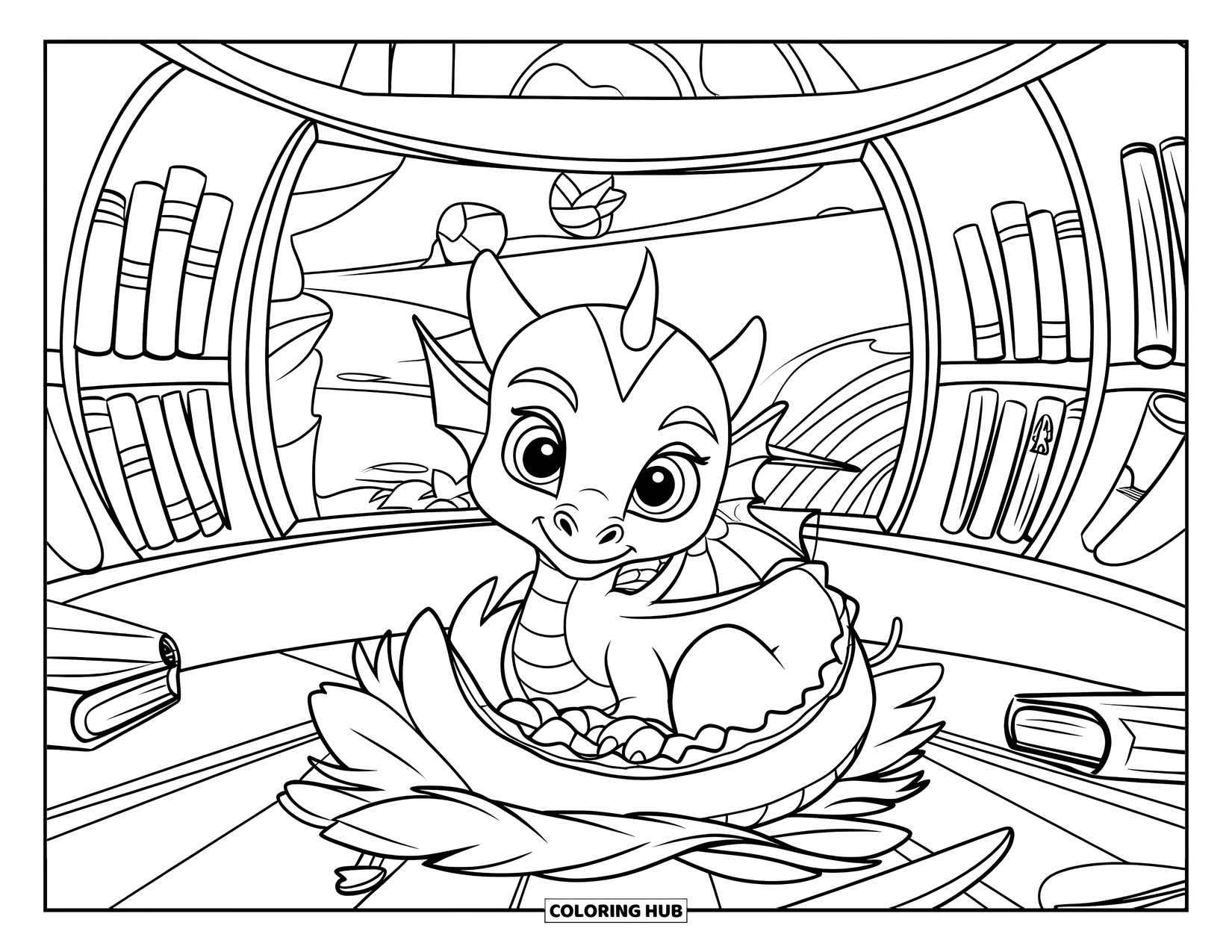 Disegno di un cucciolo di drago da colorare per bambini: Un drago curioso giace su delle piume, sbirciando attraverso una finestra verso isole fluttuanti