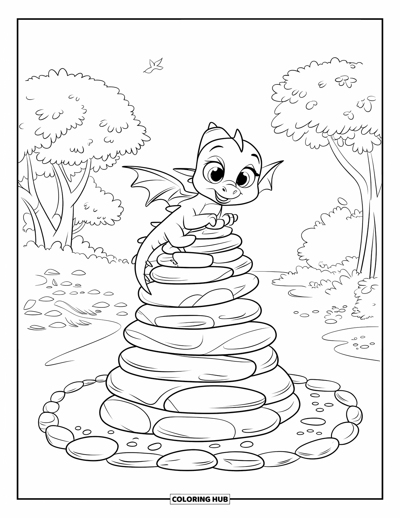 Disegno di un cucciolo di drago da colorare per bambini: Un drago felice scala una torre a spirale di pietre in una radura frondosa