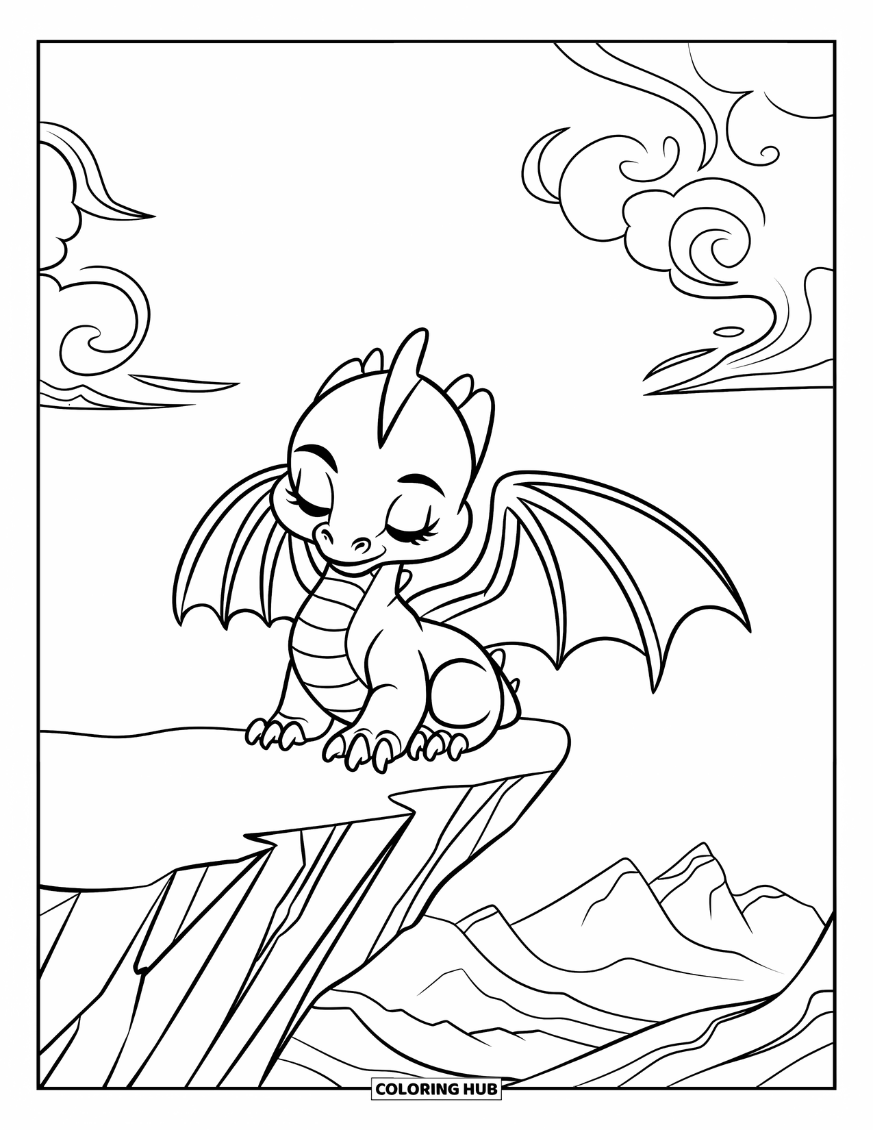 Disegno di un cucciolo di drago da colorare per bambini: Un drago maestoso si erge su una scogliera con gli occhi chiusi e le ali spiegate