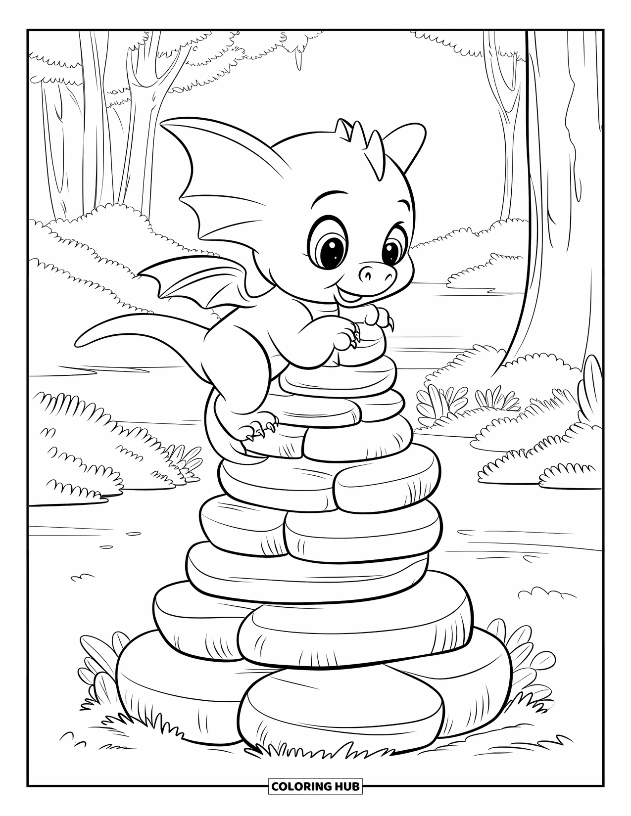 Disegno di un cucciolo di drago da colorare per bambini: Un drago giocoso si arrampica sulle pietre in una foresta tranquilla e verde