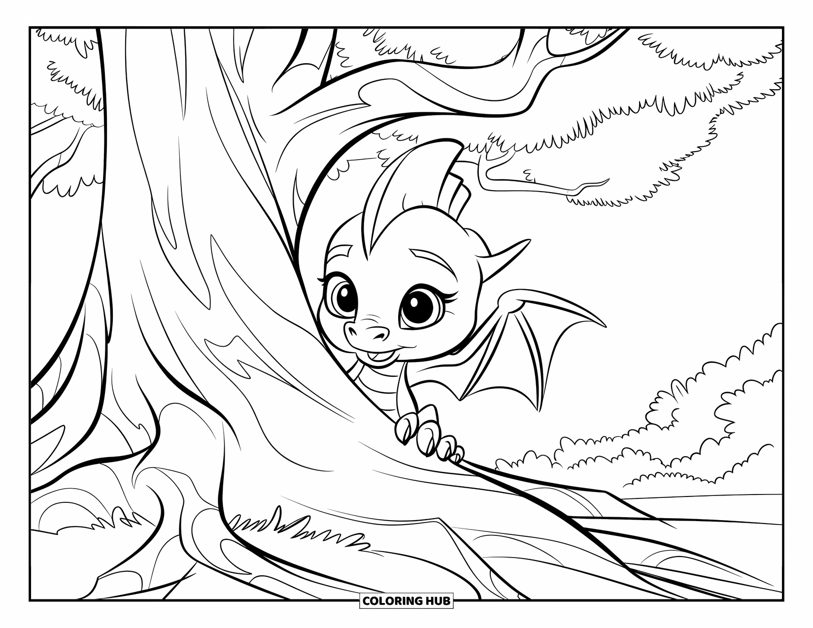 Disegno di un cucciolo di drago da colorare per bambini: Un timido cucciolo di drago sbircia da dietro un albero magico e contorto