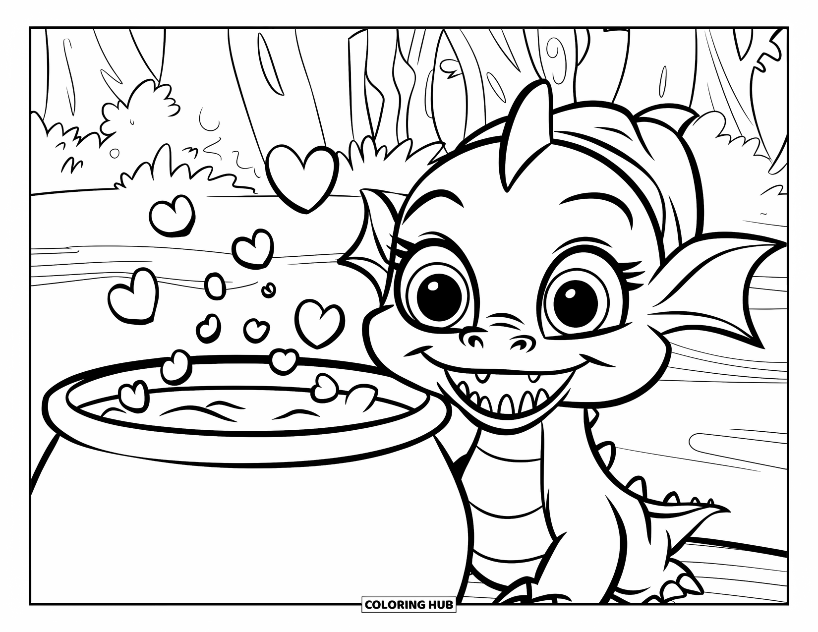 Disegno di un cucciolo di drago da colorare per bambini: Un drago buffo con un cappello mescola una pozione magica con cuori che fluttuano intorno