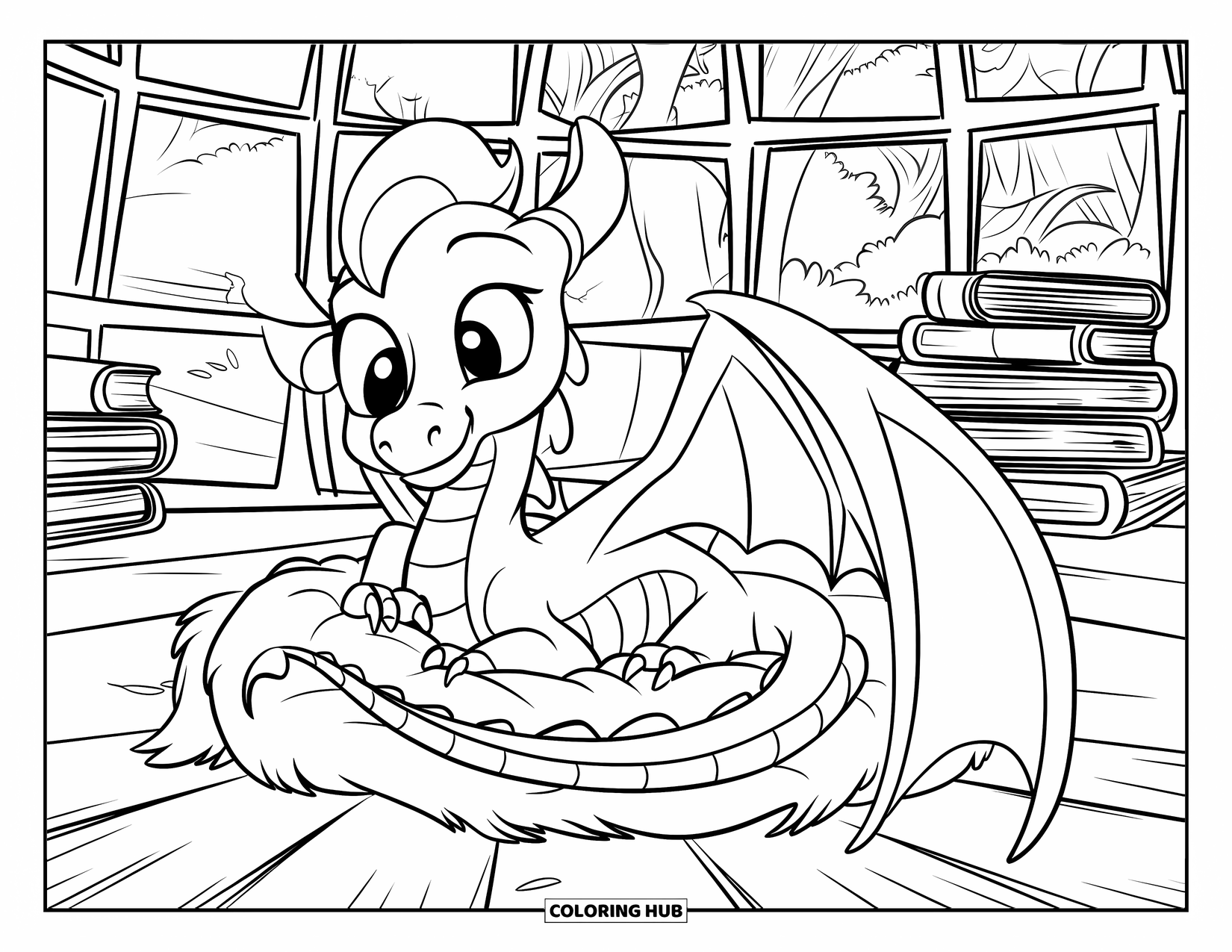 Disegno di un cucciolo di drago da colorare per bambini: Un cucciolo di drago assonnato si raggomitola su morbide piume all'interno dell'osservatorio di un mago