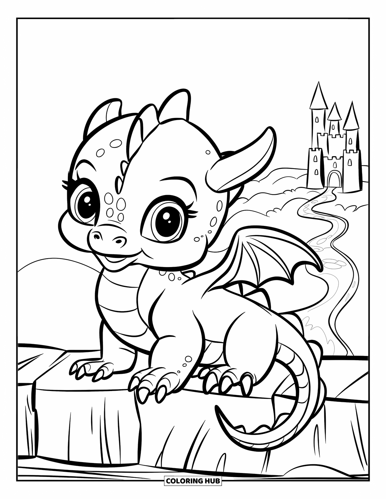 Disegno di un cucciolo di drago da colorare per bambini: Un piccolo drago siede su una scogliera, osservando un sentiero tortuoso verso un castello