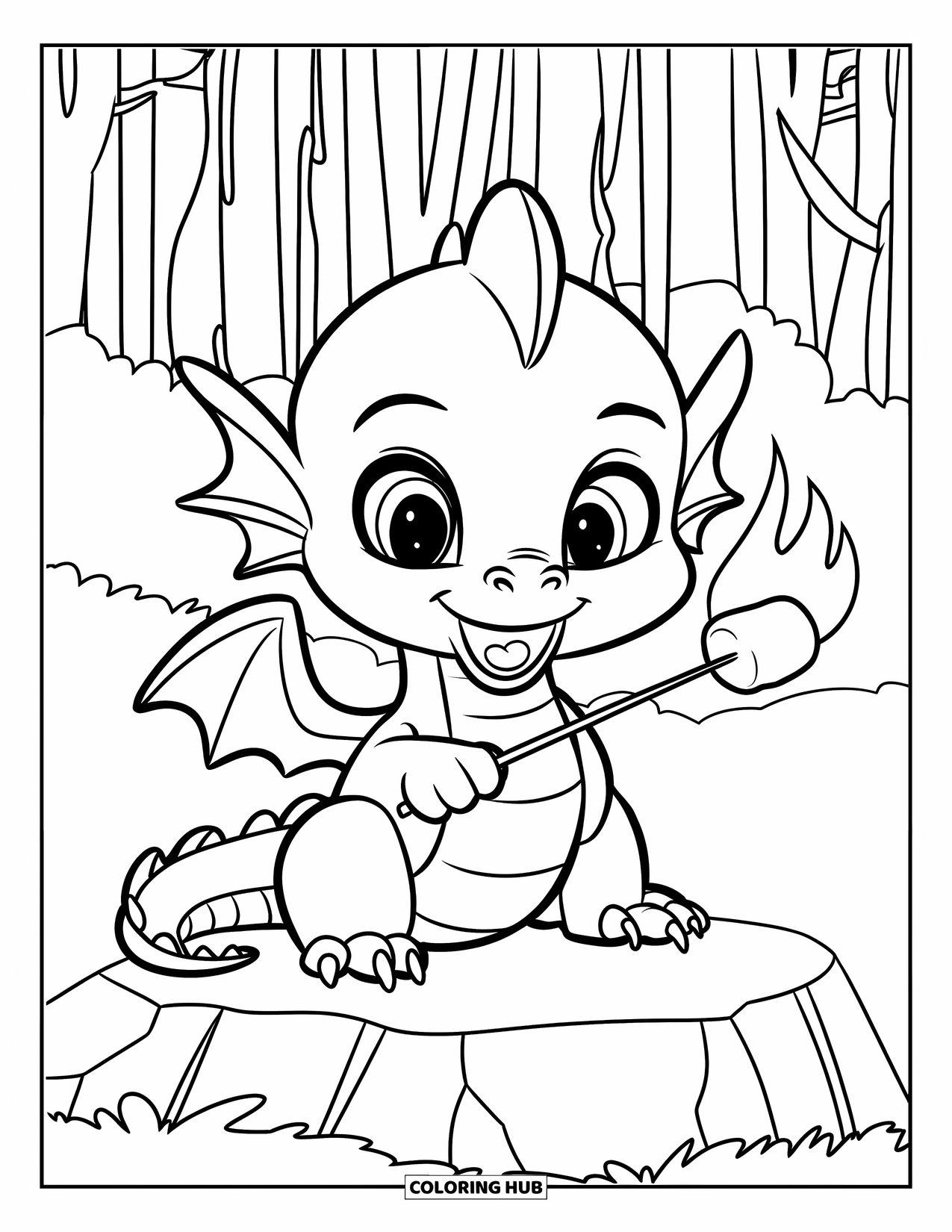 Disegno di un cucciolo di drago da colorare per bambini: Un cucciolo di drago arrostisce felicemente un marshmallow con la sua piccola fiamma nel bosco