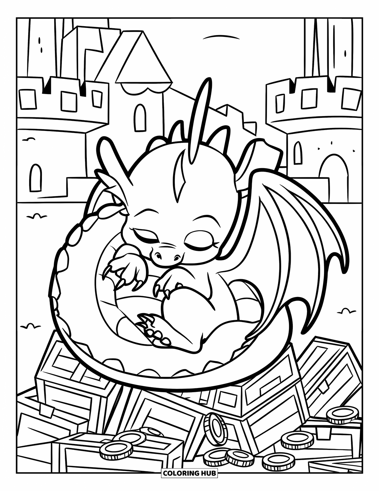 Disegno di un cucciolo di drago da colorare per bambini: Un cucciolo di drago sonnecchia pacificamente su scrigni del tesoro sotto un castello
