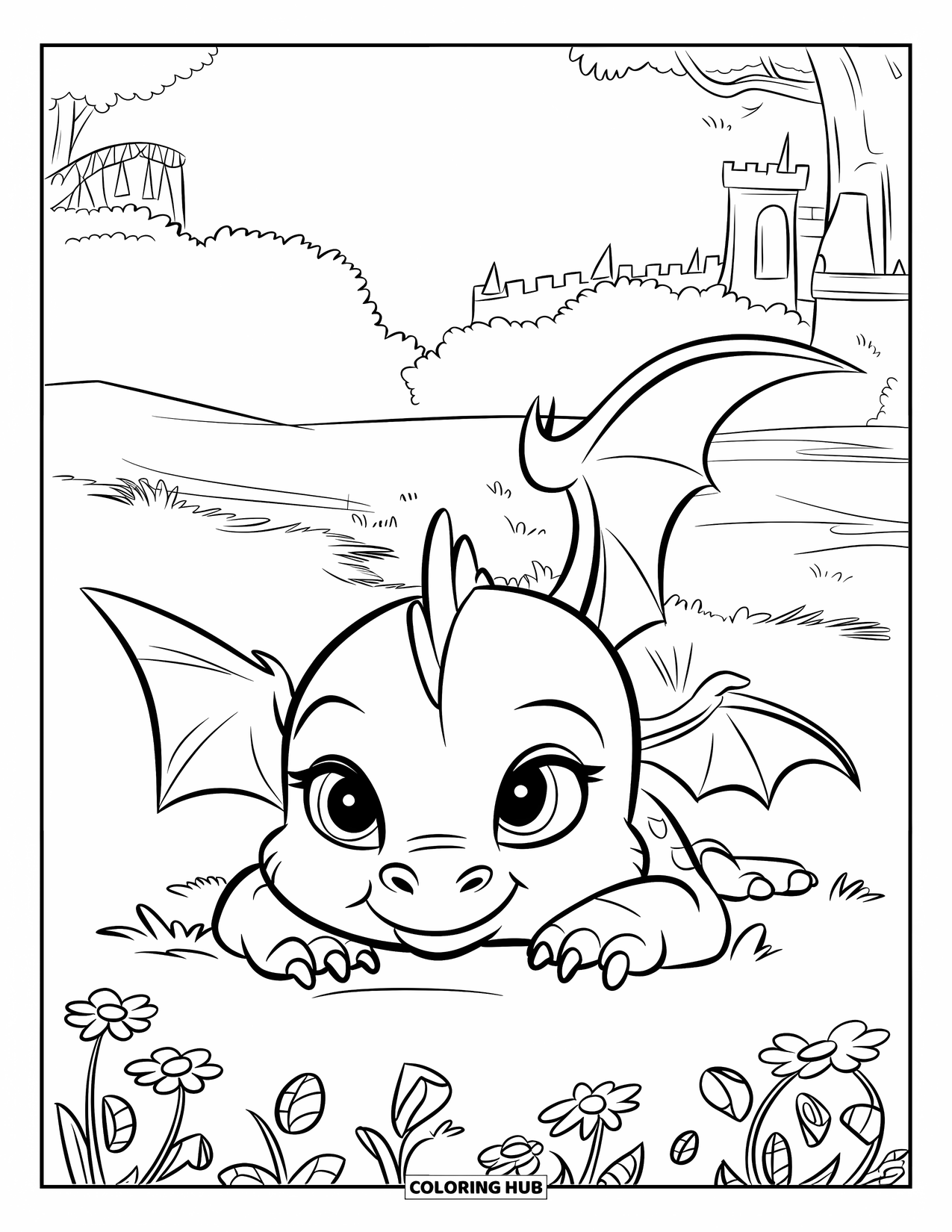 Disegno di un cucciolo di drago da colorare per bambini: Un cucciolo di drago appoggia la testa sulle zampe in un campo di fiori