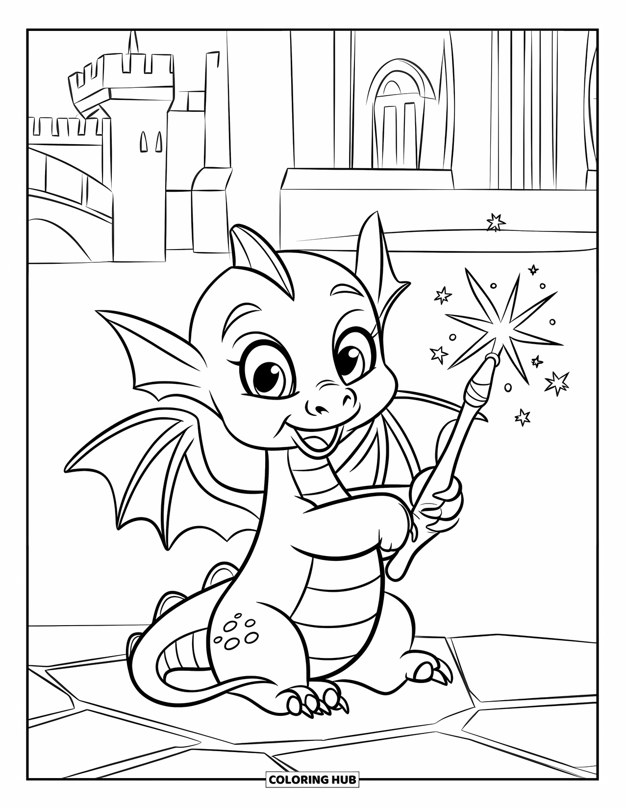 Disegno di un cucciolo di drago da colorare per bambini: Un cucciolo di drago spiega le ali mentre tiene una bacchetta scintillante vicino a un castello