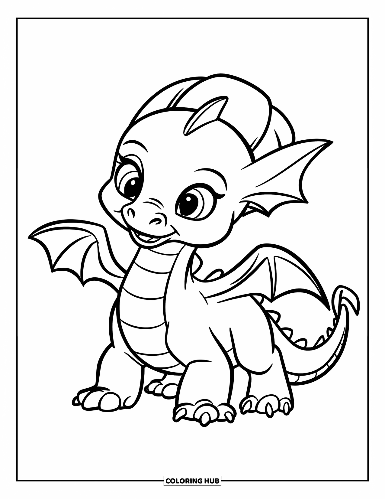 Disegno di un cucciolo di drago da colorare per bambini: Un cucciolo di drago sta in piedi con la coda arricciata e un piccolo cappello